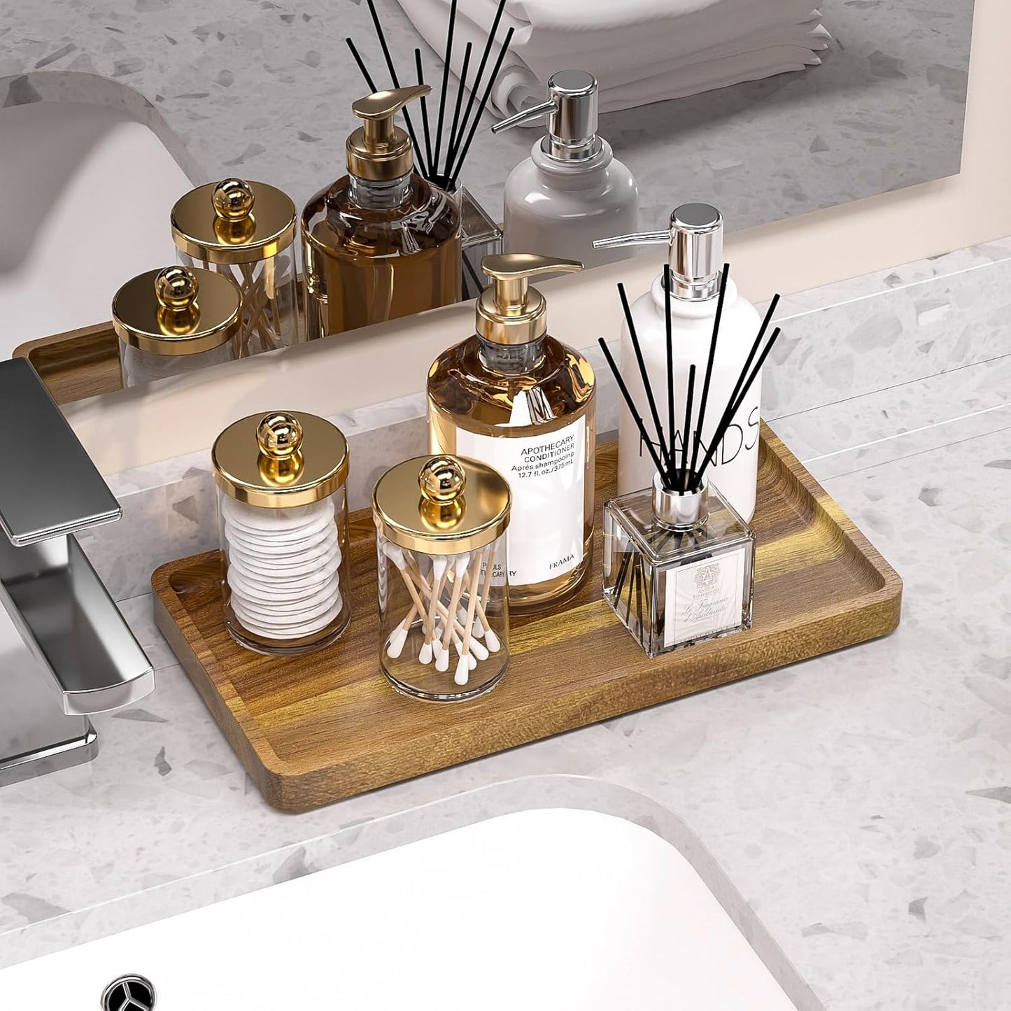 Bathroom Vanity Tray for Countertop - Bamboo Organizer Tray for Dresser Tops, Toilet, Perfume Small Decorative Tray Wood Tray for Home Decoration 11.81” L x 6.1” W x 0.79” H Black