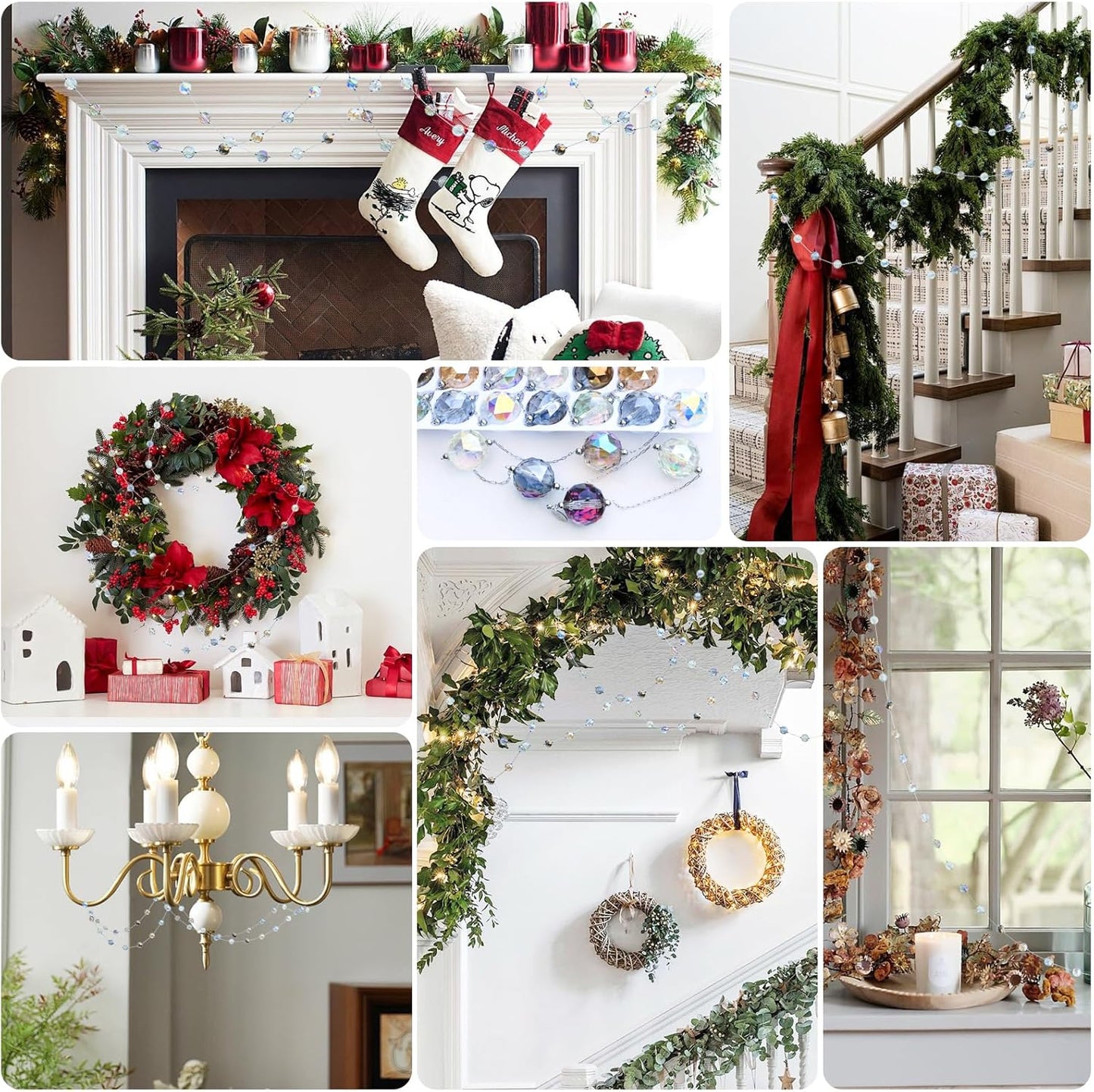 LEFERS 9.8Ft Crystal Glass Balls Christmas Garland,48 Beads 16mm Faceted Prism Beads Strands Hanging Ornament Decoration for Christmas Tree Centerpieces Wedding Party (Gold)