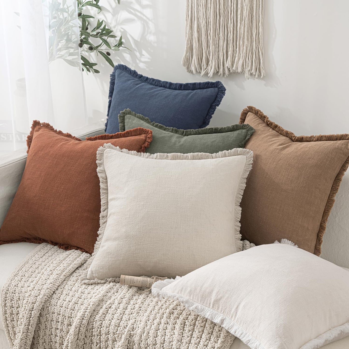 MIULEE Decorative Throw Pillow Covers Neutral Linen Fringe Throw Pillows Set of 2 Natural Beige Boho Farmhouse Cushion Covers with Tassels for Couch Sofa Bed Spring Home Decor 20x20 Inch