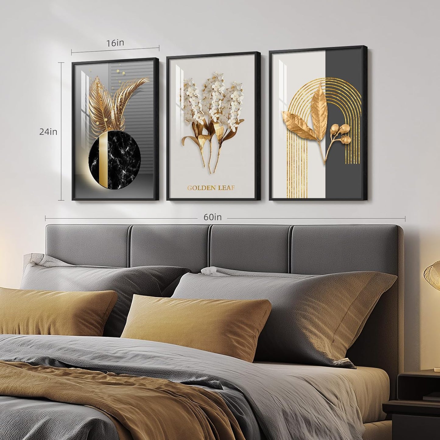 Framed Modern Luxury Gold Wall Art, Set of 3 Piece Contemporary Paintings Artwork for Walls, Golden Prints Pictures with Gold Frame, Wall Decor for Living Room, Hallway, Bedroom, Office 16x24 Inch
