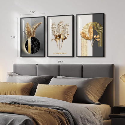 Framed Modern Luxury Gold Wall Art, Set of 3 Piece Contemporary Paintings Artwork for Walls, Golden Prints Pictures with Gold Frame, Wall Decor for Living Room, Hallway, Bedroom, Office 16x24 Inch