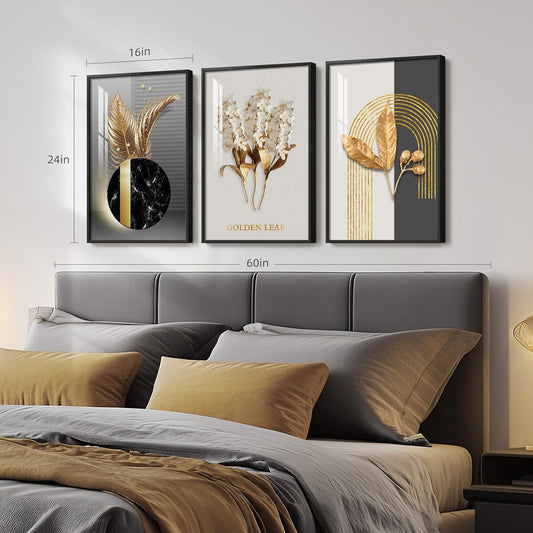 Framed Modern Luxury Gold Wall Art, Set of 3 Piece Contemporary Paintings Artwork for Walls, Golden Prints Pictures with Gold Frame, Wall Decor for Living Room, Hallway, Bedroom, Office 16x24 Inch