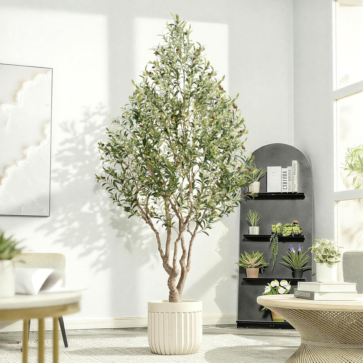 8ft Faux Olive Tree - Large Artificial Olive Tree with Realistic 1750 Leaves and 145 Olives - Lush and Elegant Fake Olive Tree with for Indoor Outdoor Office Living Room Decor