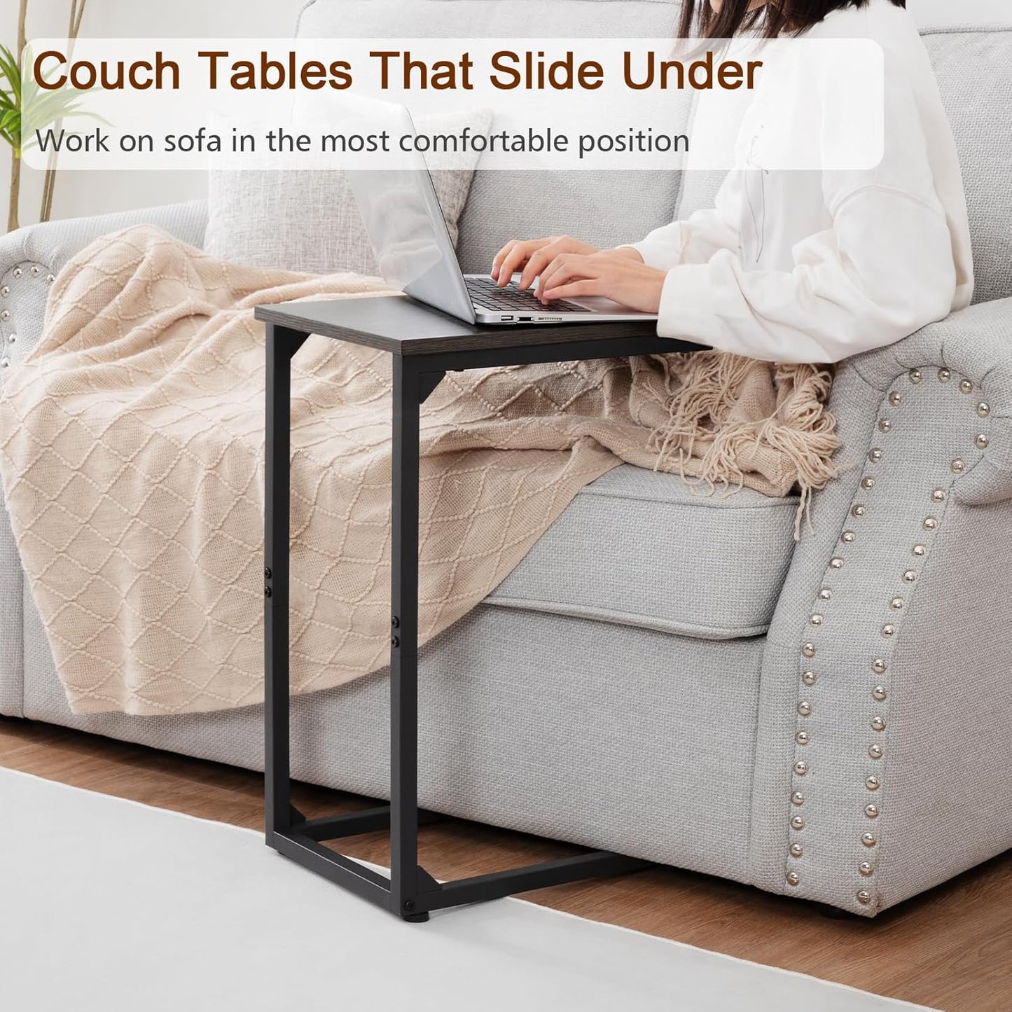 AMHANCIBLE C Shaped Side Table, End Tables Living Room Set of 2, Slide Under Couch Table for Sofa, TV Trays for Bedroom, Small Space, Rustic Brown HET02CBR