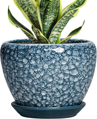 6 Inch Plant Pot - Ceramic Pots for Plants with Drainage Hole and Saucer, Round Succulent Planter Indoor Outdoor, Modern Flower Pot for Snake Plants, Home Decor, Gifts for Plant Lover, Blue