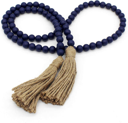 CVHOMEDECO. Wood Beads Garland with Tassels Farmhouse Rustic Wooden Prayer Bead String Wall Hanging Accent for Home Festival Decor. Mix Distressed