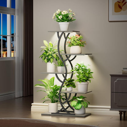Plant Stand Indoor with Grow Lights - 44" Tall Corner Plant Stands for Indoor Plants, 5 Tiered Metal Plant Shelf, Curved Plant Flower Holder Dispaly Rack for Living Room, Home Patio Balcony (Black)