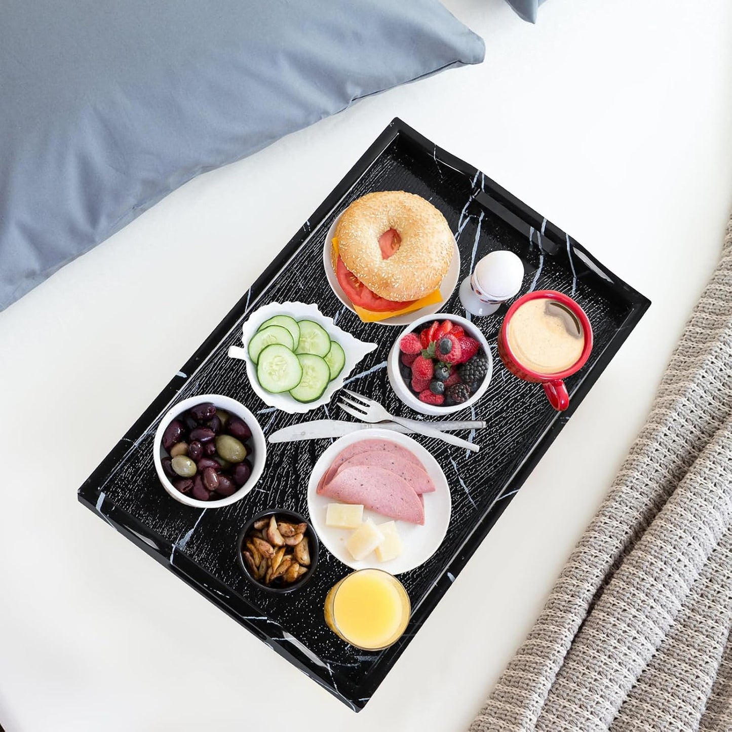 MDLUU Plastic Serving Tray, Ottoman Tray with Cutout Handles, Rectangle Butler Tray for Breakfast in Bed, Coffee Table Decor, Party (Black)