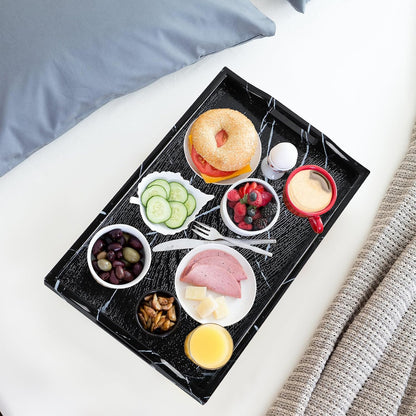 MDLUU Plastic Serving Tray, Ottoman Tray with Cutout Handles, Rectangle Butler Tray for Breakfast in Bed, Coffee Table Decor, Party (Black)