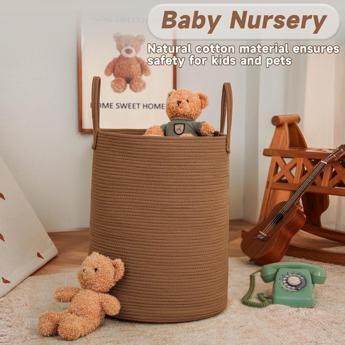 JMvicyroam Large Woven Laundry Basket Hamper,60L Cotton Rope Storage Bin for Blankets,Toys and Clothes,Decorative Tall Nursery Hamper for Living Room,Baby Nursery,Bathroom and Bedroom,Brown