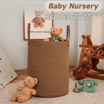 JMvicyroam Large Woven Laundry Basket Hamper,60L Cotton Rope Storage Bin for Blankets,Toys and Clothes,Decorative Tall Nursery Hamper for Living Room,Baby Nursery,Bathroom and Bedroom,Brown