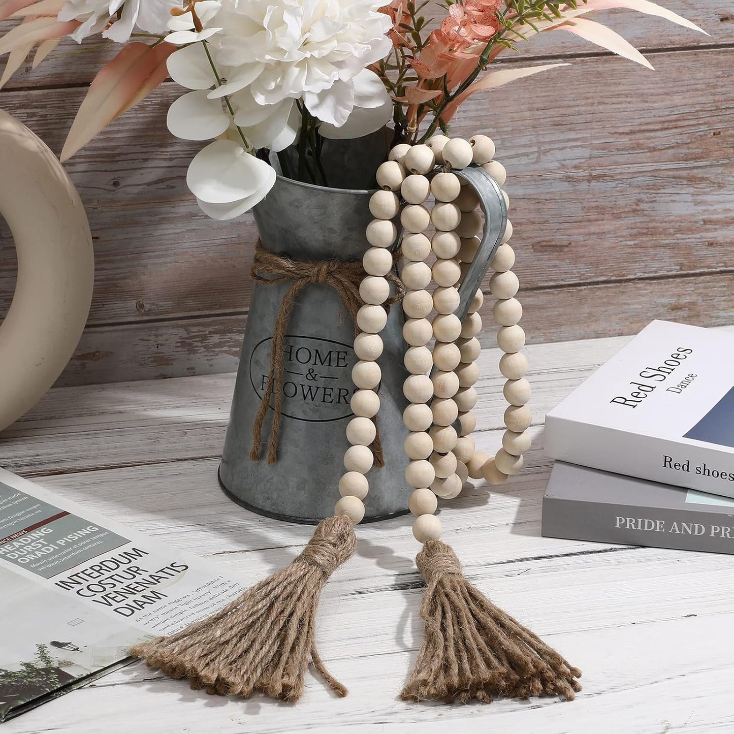 IMIKEYA Wooden Beads Garland: Farmhouse Wood Bead Garland with Tassels Boho Wall Hanging for Home Decor Tiered Tray Rustic Wood Prayer for Coffee Table Decor