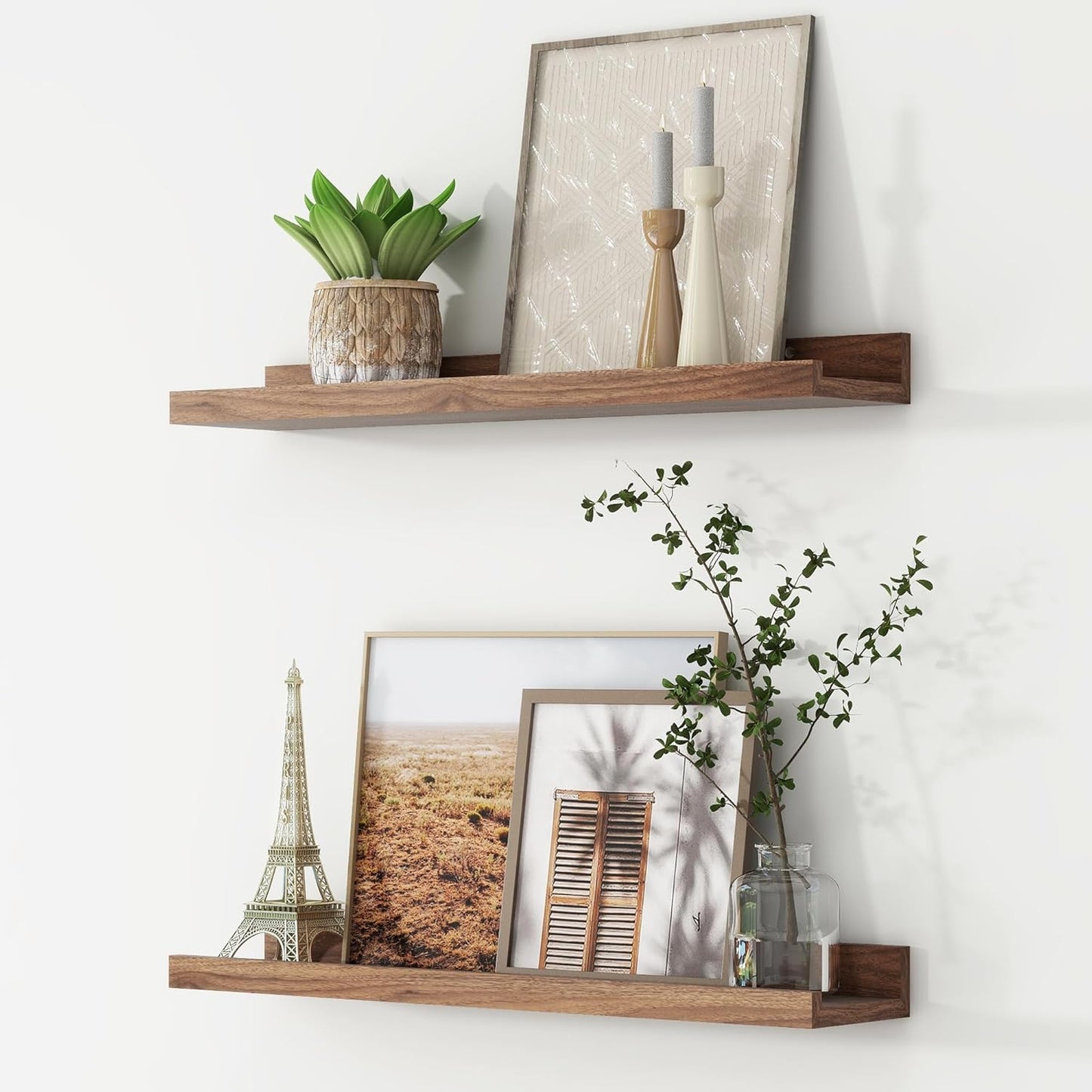 FLYJOE Picture Ledge Shelf, Floating Shelves Set of 2, 48 Inches Long Large Nursery Book Shelves for Toys Storage, Kids Bookshelf Wall Mounted for Living Room Bedroom Decor Books Photo Frames, Walnut