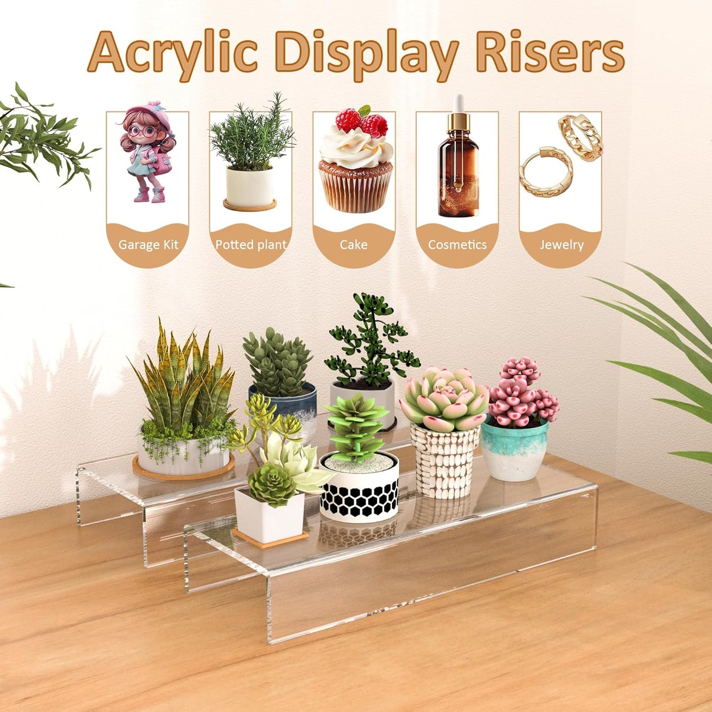 Sezanrpt Acrylic Shelf Riser 12x4.7x3 pack of 2, Desktop Rectangular Acrylic Tray Pedestal Stand for Funko Pop Figure, Bags, 12x4.7x3 Inch