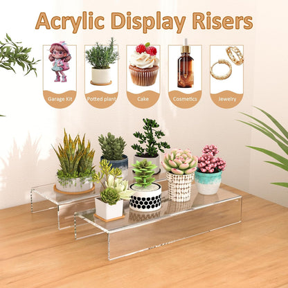 Sezanrpt Acrylic Shelf Riser 12x4.7x3 pack of 2, Desktop Rectangular Acrylic Tray Pedestal Stand for Funko Pop Figure, Bags, 12x4.7x3 Inch
