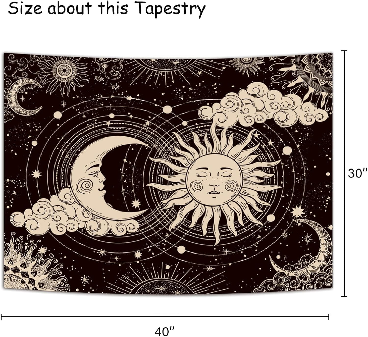 Wonrizon Sun and Moon Tapestry, Aesthetic Black Dark Spiritual Tapestries Mystic Burning Sun with Clouds Star Wall Hanging decor for Bedroom (51.2" x 59.1")
