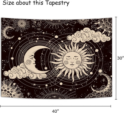Wonrizon Sun and Moon Tapestry, Aesthetic Black Dark Spiritual Tapestries Mystic Burning Sun with Clouds Star Wall Hanging decor for Bedroom (51.2" x 59.1")