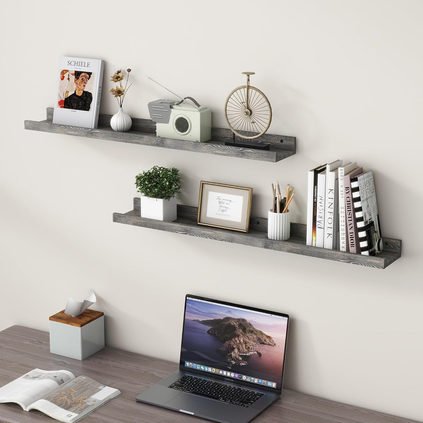 FLYJOE Picture Ledge Shelf, Floating Shelves Set of 2, Solid Pine Wood 55'' Long Large Nursery Book Shelves for Toys Storage, Kids Bookshelf for Living Room Bedroom Decor Books Photo Frames, Walnut