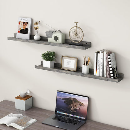 FLYJOE Picture Ledge Shelf, Floating Shelves Set of 2, Solid Pine Wood 55'' Long Large Nursery Book Shelves for Toys Storage, Kids Bookshelf for Living Room Bedroom Decor Books Photo Frames, Walnut