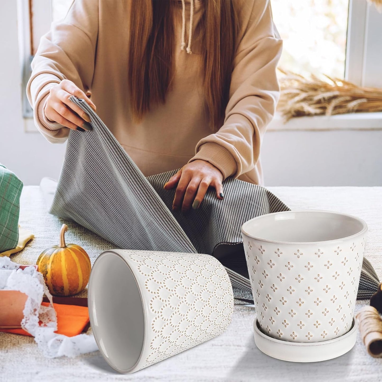 EFISPSS Flower Planter –5 inch Ceramic Plant Pots with Drainage Hole and Ceramic Tray - Gardening Home Desktop Office Windowsill Decoration Gift Set of 4 - Plants NOT Included