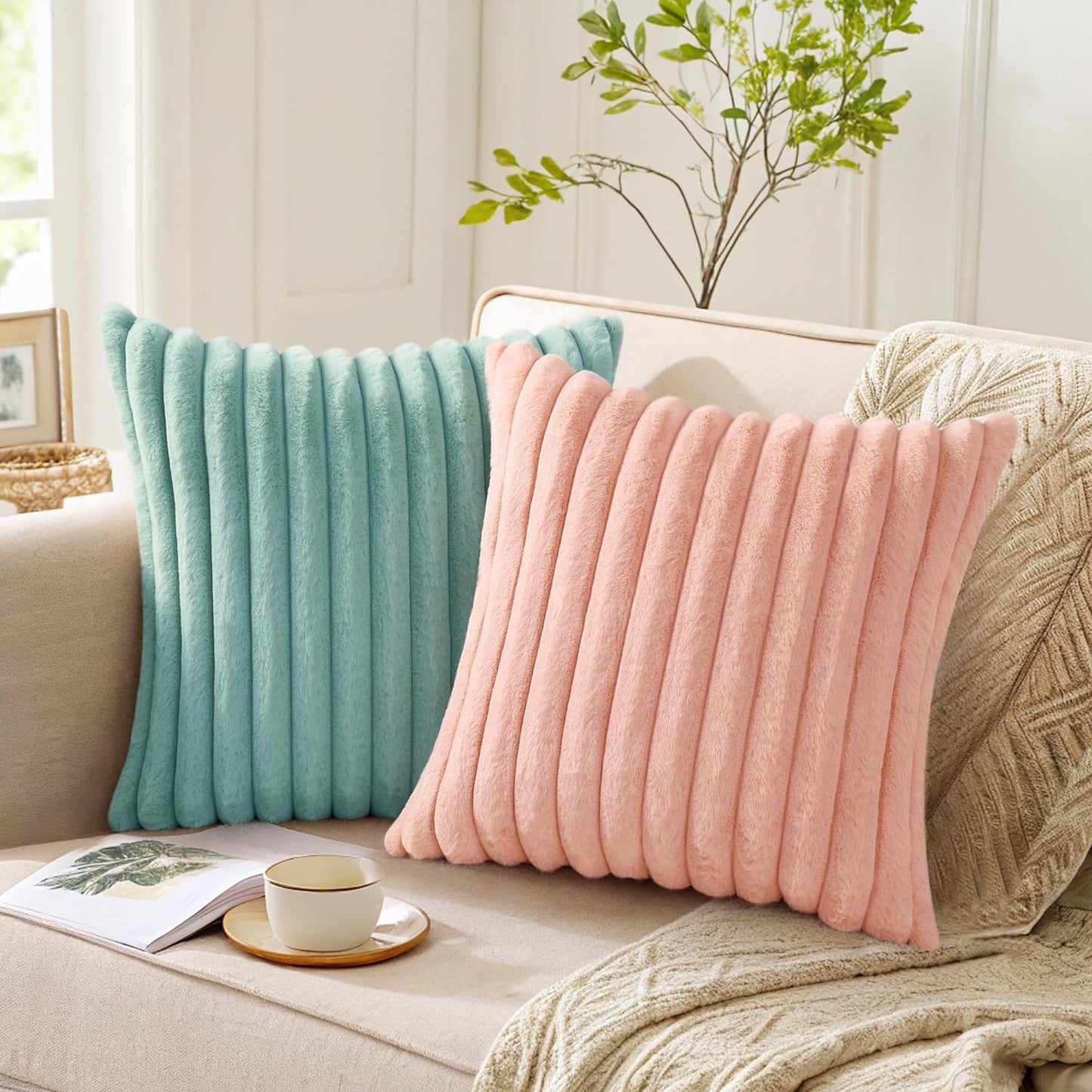 Pallene Faux Fur Plush Throw Pillow Covers 18x18 Set of 2, Luxury Soft Fluffy Striped Decorative Pillow Covers for Sofa, Couch, Living Room, Cream White