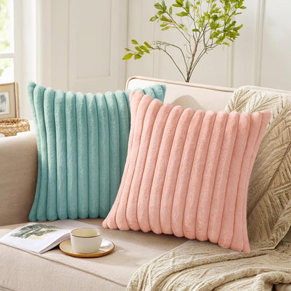 Pallene Faux Fur Plush Throw Pillow Covers 18x18 Set of 2, Luxury Soft Fluffy Striped Decorative Pillow Covers for Sofa, Couch, Living Room, Cream White