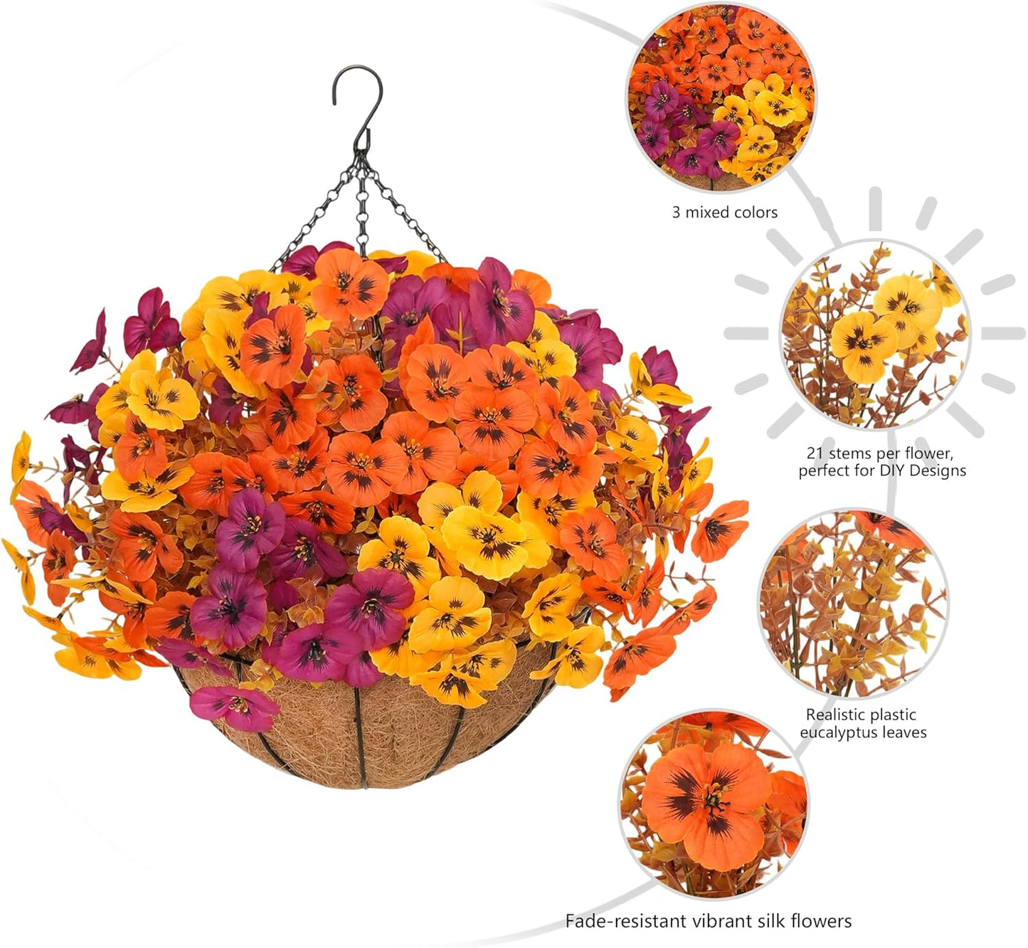2 Set Artificial Hanging Flowers with Basket for Outdoor Spring Summer Decor, 2 Hanging Planters with 24 Pcs Silk Daisy Flowers for Garden Porch Patio Balcony Decoration