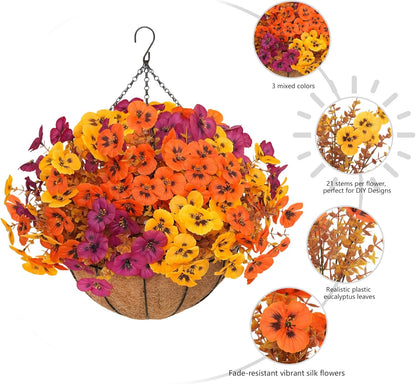 2 Set Artificial Hanging Flowers with Basket for Outdoor Spring Summer Decor, 2 Hanging Planters with 24 Pcs Silk Daisy Flowers for Garden Porch Patio Balcony Decoration