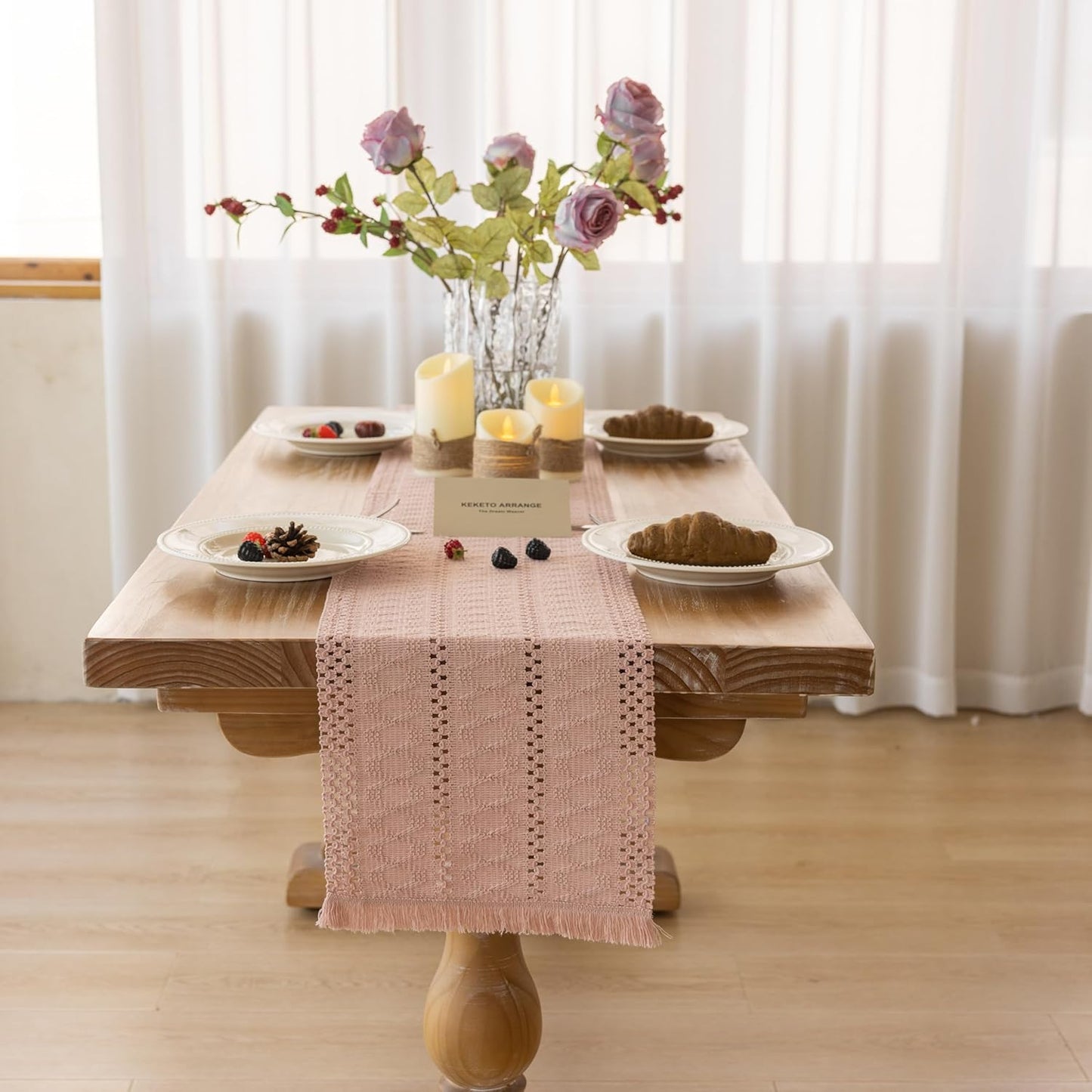 Keketoarrange Boho Sage Green Table Runner for Summer Home Decorations 12x72 Inches Farmhouse Small Macrame Woven Burlap Rustic Coffee Dresser Dining Kitchen Centerpiece Bohemian Decor