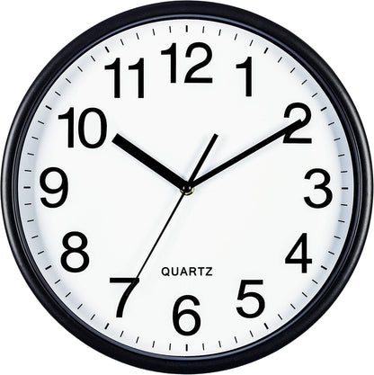 Bernhard Products Black Wall Clock Silent Non Ticking 10 Inch Quality Quartz Battery Operated Round Easy to Read Home/Office/Kitchen/Classroom/School Clock Sweep Movement