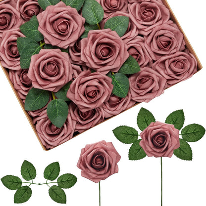 InnoGear Artificial Flowers, 50 Pcs Dark Red Foam Fake Roses Bulk with Stems for Mother's Gift Decoration Celebration DIY Wedding Bouquets Centerpieces Bridal Shower Party Christmas Tree