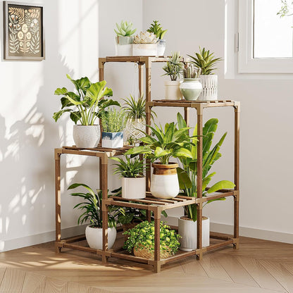 Bamworld Plant Stand Indoor with Grow Lights Wood Plant Shelf for Hanging Planter Pots Display Flower Stand for Living Room Patio Garden Decor