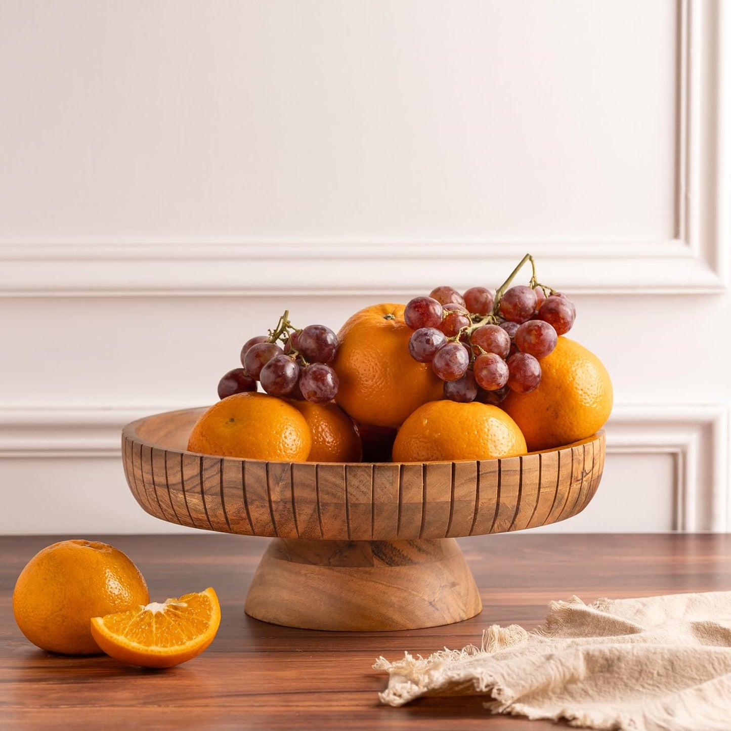Mango Wood fruit bowl, Decorative black bowl with natural finish pedestal | 12" dia | Dual tone look | Use as Centerpiece for kitchen counter or dining table (Black)