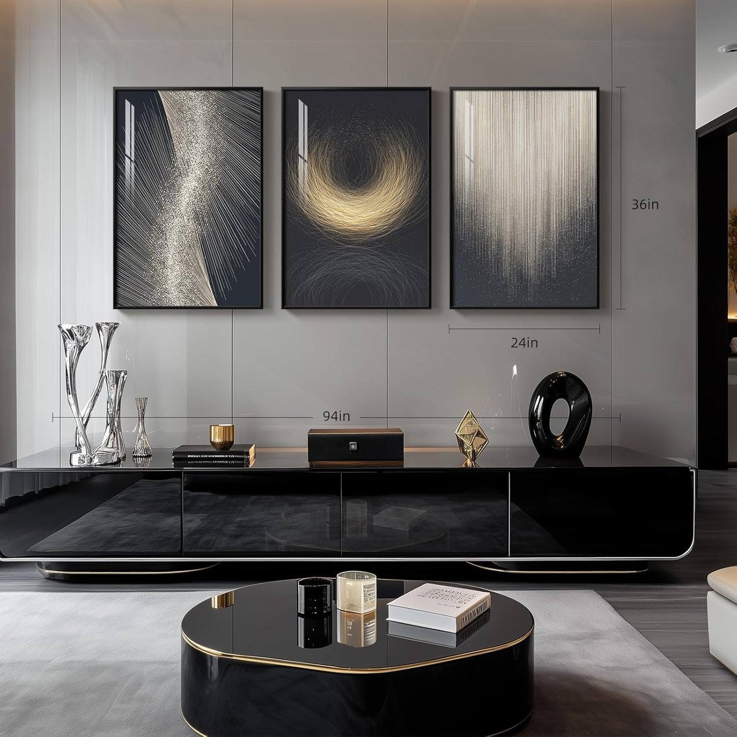 Framed Modern Luxury Gold Wall Art, Set of 3 Piece Contemporary Paintings Artwork for Walls, Golden Prints Pictures with Gold Frame, Wall Decor for Living Room, Hallway, Bedroom, Office 16x24 Inch