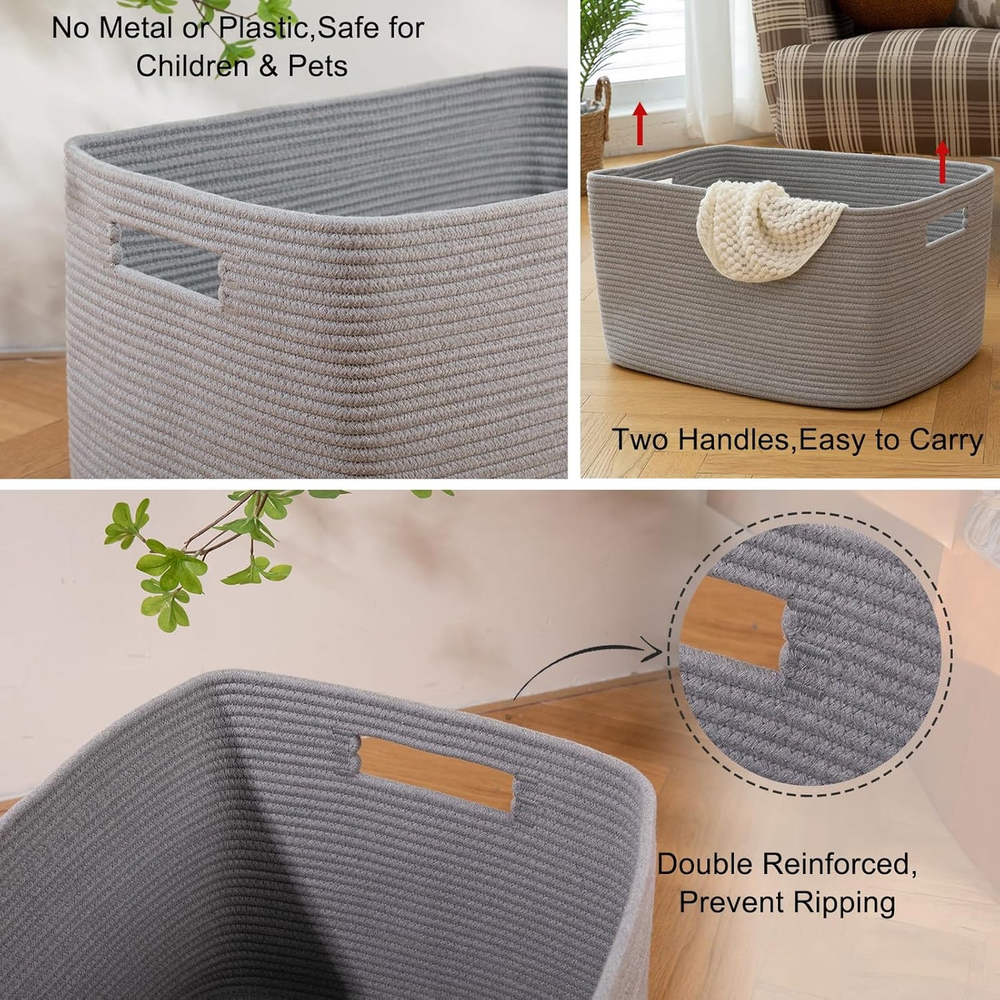 OIAHOMY 75L Large Woven Cotton Rope Storage Basket with Handle for Organizing Blanket and Toys for Living Room, Nursery, Brown Variegated 22”x17”x12”