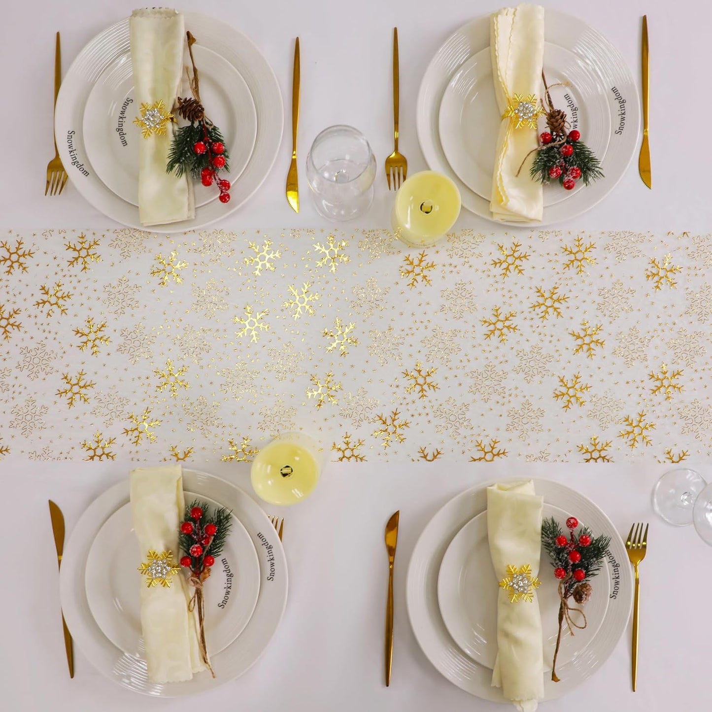 Snowkingdom 2 Pieces Gold Table Runner, Sequin Glitter Foil Metallic Thin Mesh Runner Roll 11"x108", Gold Table Decorations for Event Party, Wedding, Birthday Party, Christmas