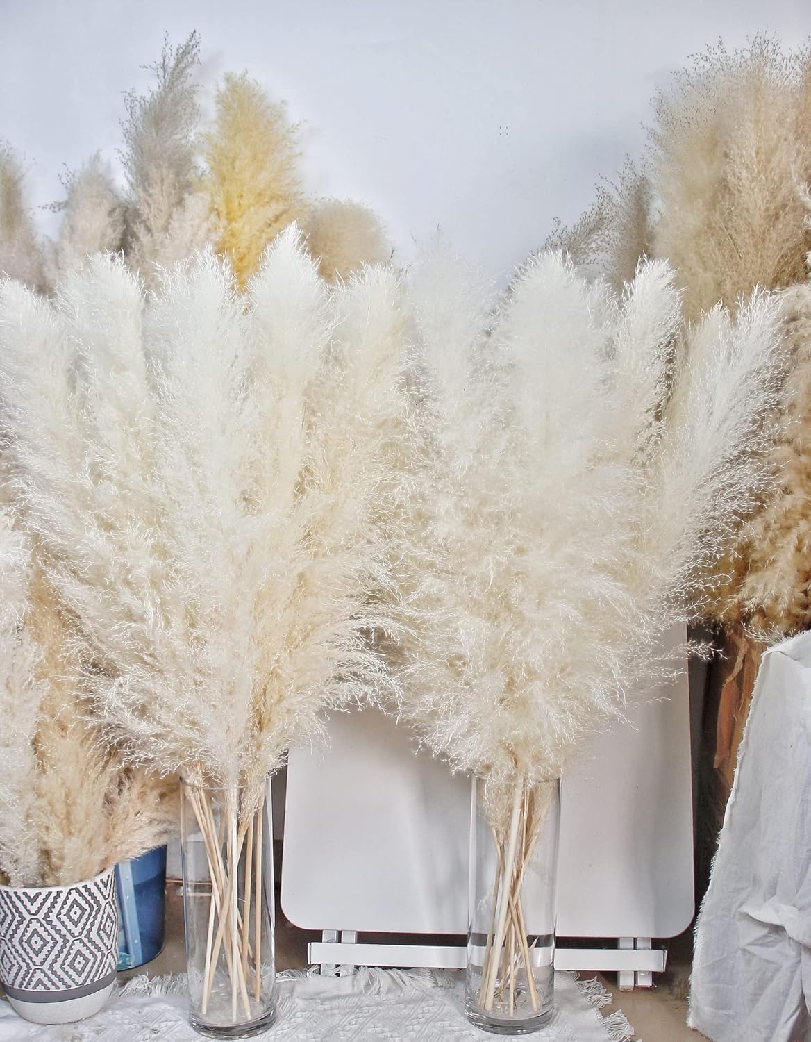 10 PCS Beige Pampas Grass Decor, Naturally Dried Pompas, Bunny Tails Dried Flowers, and Dried Eucalyptus. Perfect for Weddings, Boho Party Decorations, and Table Decor(17inch)