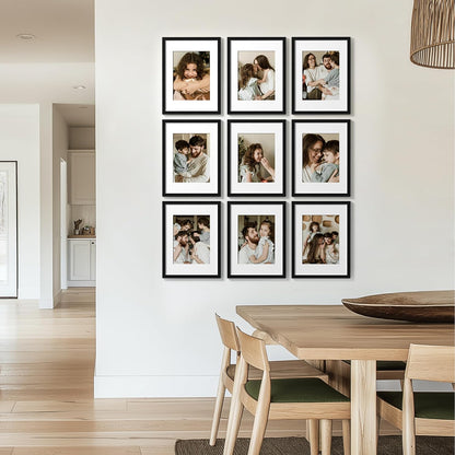 eletecpro 12x12 Picture Frames Set of 9 with Clear Acrylic Cover, Display 8x8 Photos with Mat or 12x12 Without, Classic and Sturdy Square Collage Gallery Wall Decor, Easy Wall Mount, Black