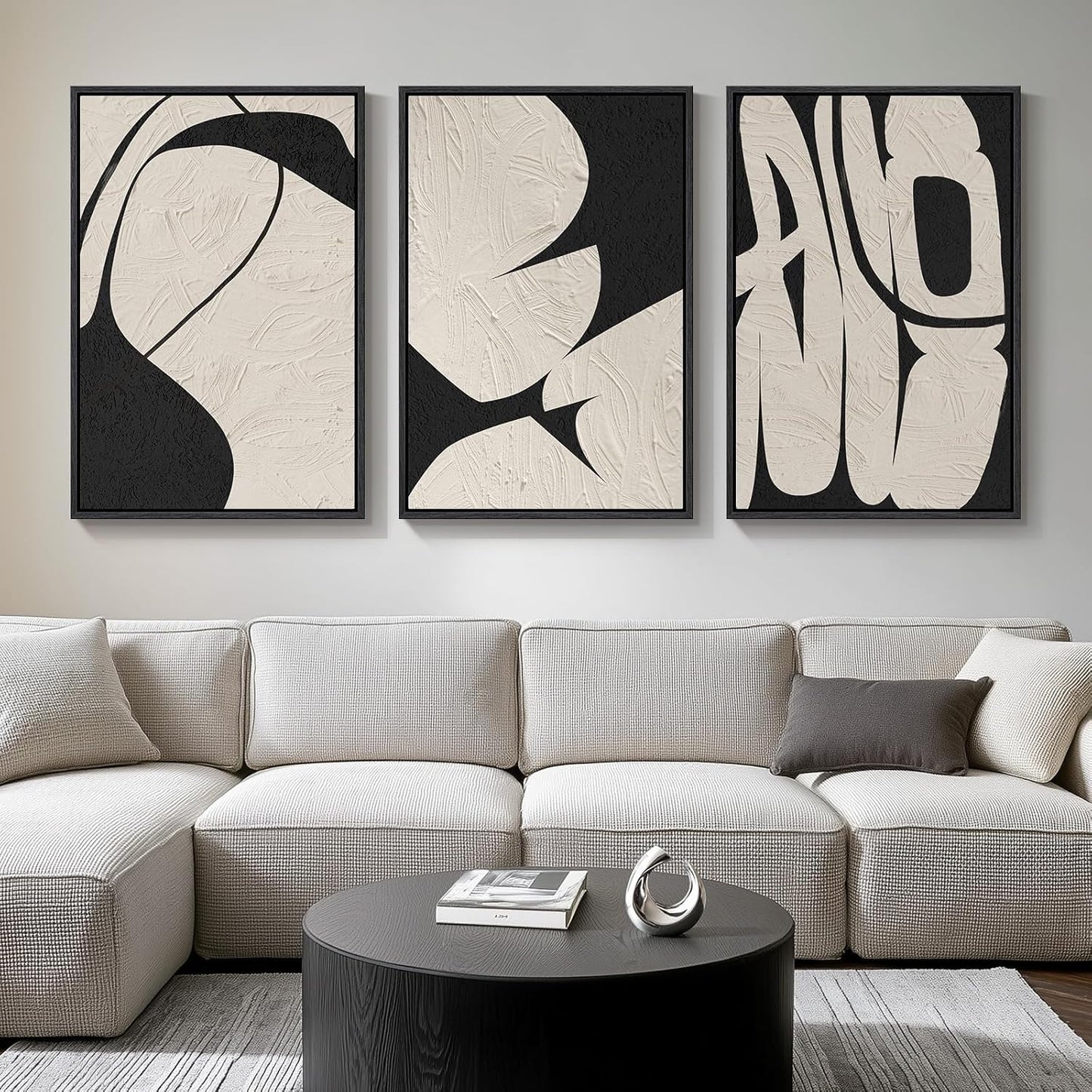 Large Framed Neutral Abstract Wall Art for Living Room, 3 Piece Modern Canvas Prints Paintings Artwork for Walls, Black and Beige Pictures for Living Room Hallway Stair Office Wall Decor 24x36 Inch