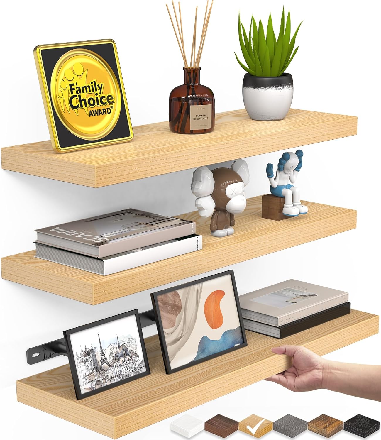 BAYKA Floating Shelves for Wall, Set of 3, Wall Mounted Rustic Wood Shelves for Bathroom, Bedroom, Living Room, Kitchen, Small Hanging Shelf for Books/Storage/Room Decor, Walnut-Like, 15.7in
