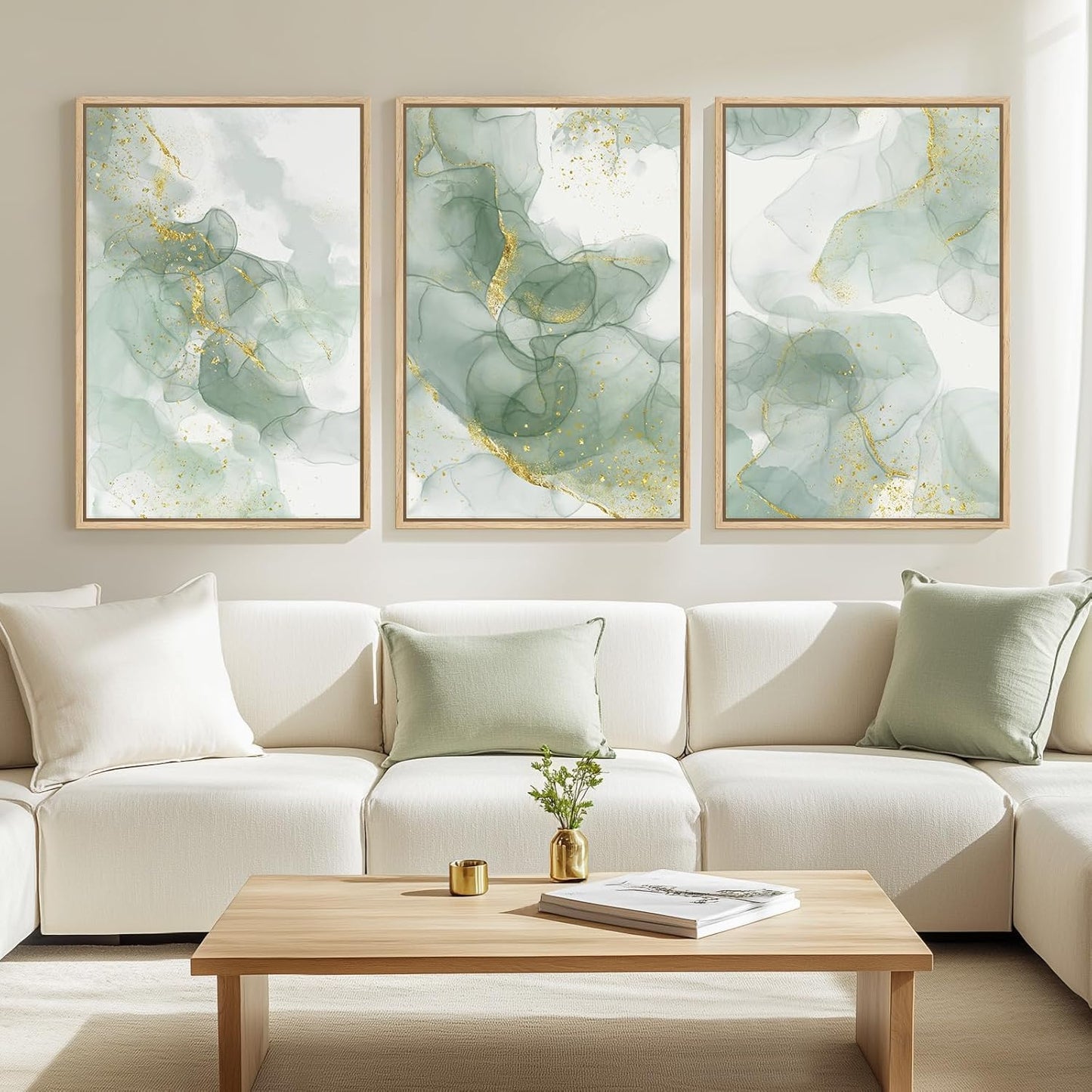 Large Framed Abstract Nature Landscape Wall Art for Living Room, Set of 3 Modern Canvas Prints Paintings Artwork for Walls, Green Lake Pictures for Hallway, Dining Room, Office Wall Decor 24x36 Inch