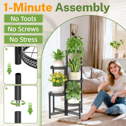 iDavosic.ly Plant Stand Indoor Outdoor, 5 Tier Corner Metal Flower Display Holder Shelf, Folding Tall Orchid Rack for Patio Balcony Porch Garden Living Room House, Black