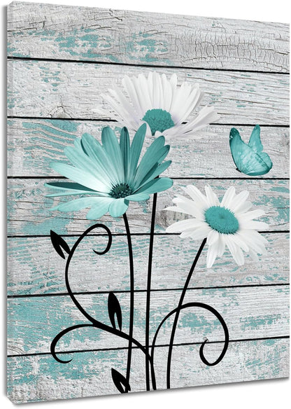 HVEST Farmhouse Floral Wall Art for Living Room, Blue and White Daisy Flower and Butterfly on Rustic Wood Board Canvas Wall Art Framed Artwork Ready to Hang for Bathroom Bedroom Decor, 16L X 12W