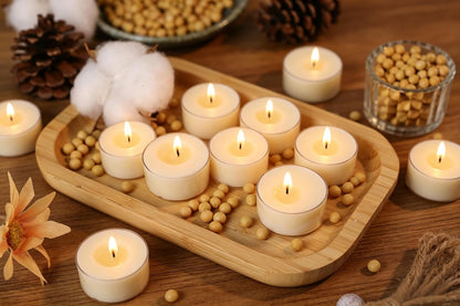 Soy Wax Tealight Candles 100 Packs, 4 Hour Long Burning, Unscented White Smokeless Candles, Non-Toxic Paraffin-Free Clear Acrylic Cup Tea Lights for Weddings, Home, Emergencies & Dinner