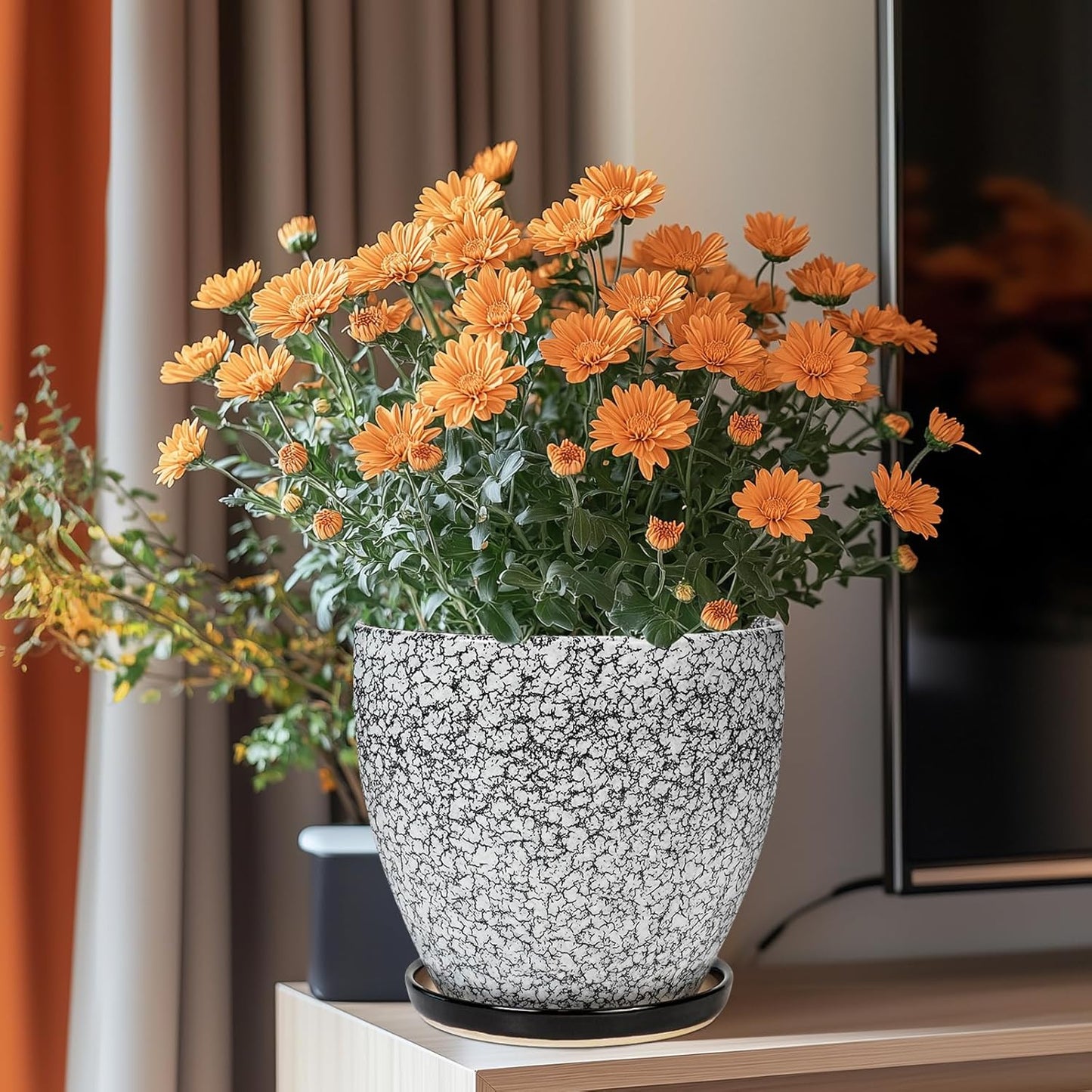 10 Inch Ceramic Planter Pot Round Plant Pot for Indoor Plants Outdoor Large Flower Pot with Drainage Hole and Saucer Blue