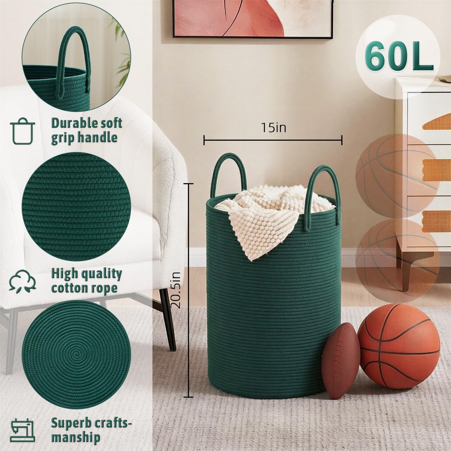 Artfeel Laundry Basket,Woven Cotton Rope Laundry Hamper,60L for Decor Storage of Dirty Clothes,Toys and Blankets in Bathroom,Baby Room and Living Room