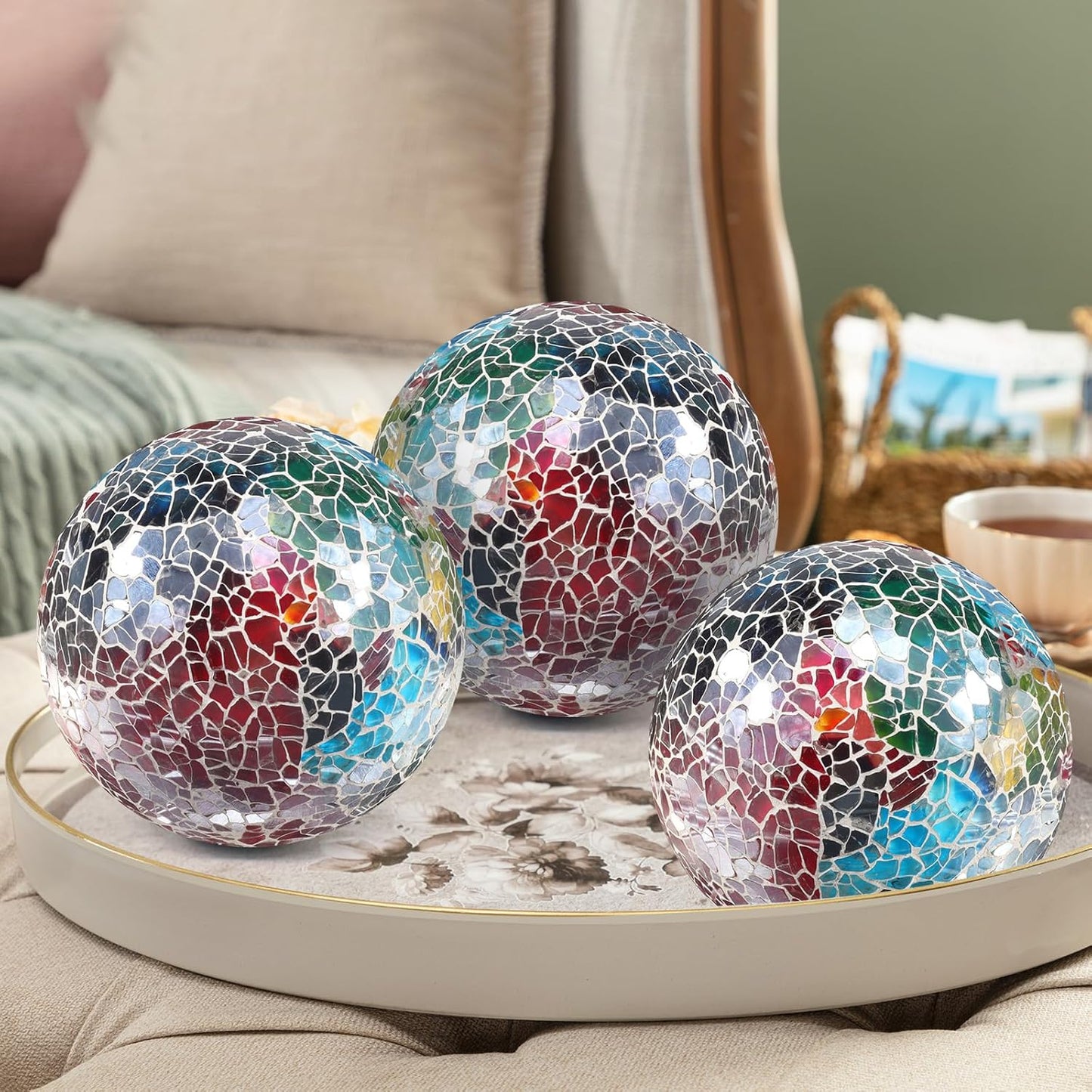 3Pcs Mosaic Glass Orbs Decorative Balls Set 8.5cm/3.35inch Blue Sphere Wedding Party Home Decor Table Centerpiece