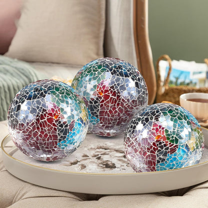 3Pcs Mosaic Glass Orbs Decorative Balls Set 8.5cm/3.35inch Blue Sphere Wedding Party Home Decor Table Centerpiece