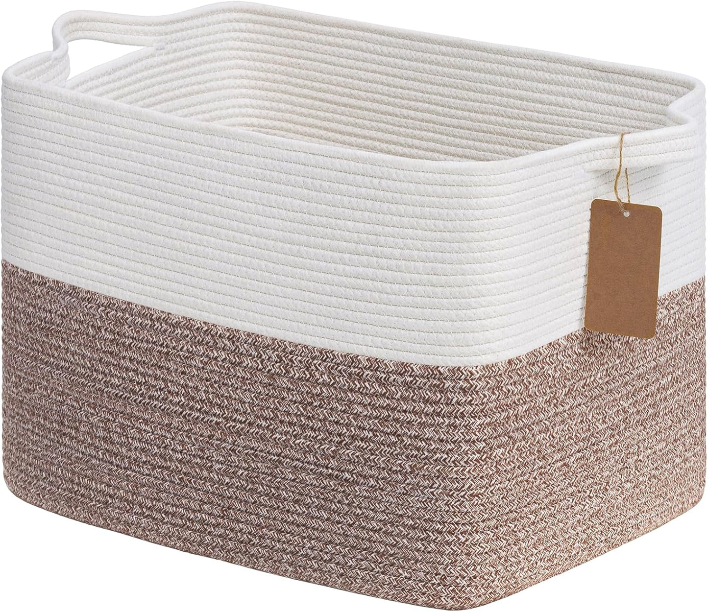 Goodpick Woven Storage Basket, Cotton Rope Basket for Dog Toys, Books, Stylish Gift Basket with Handles, 13 x 10 x 9 Inches Square Baskets for Organizing, Brown and White
