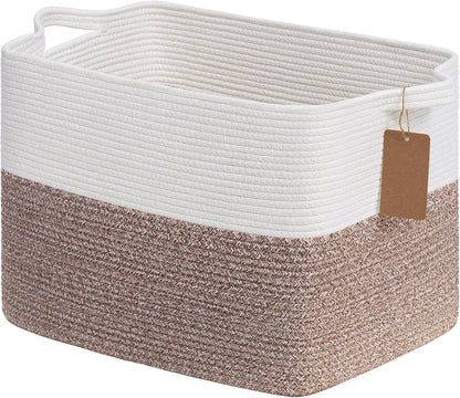 Goodpick Woven Storage Basket, Cotton Rope Basket for Dog Toys, Books, Stylish Gift Basket with Handles, 13 x 10 x 9 Inches Square Baskets for Organizing, Brown and White